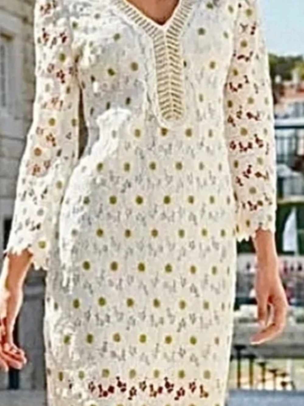 Boston Proper White Lace Long-Sleeve Dress with Golden  Dot Accents